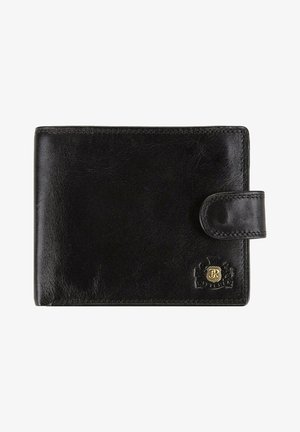 Portafoglio in pelle nera con chiusura a bottone, dettaglio del logo impresso, texture liscia e cuciture a contrasto lungo i bordi.