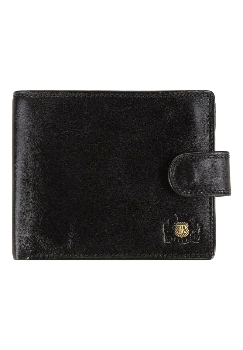 Portefeuille en cuir noir avec une fermeture à bouton, détail du logo en relief, texture lisse et coutures contrastées le long des bords.