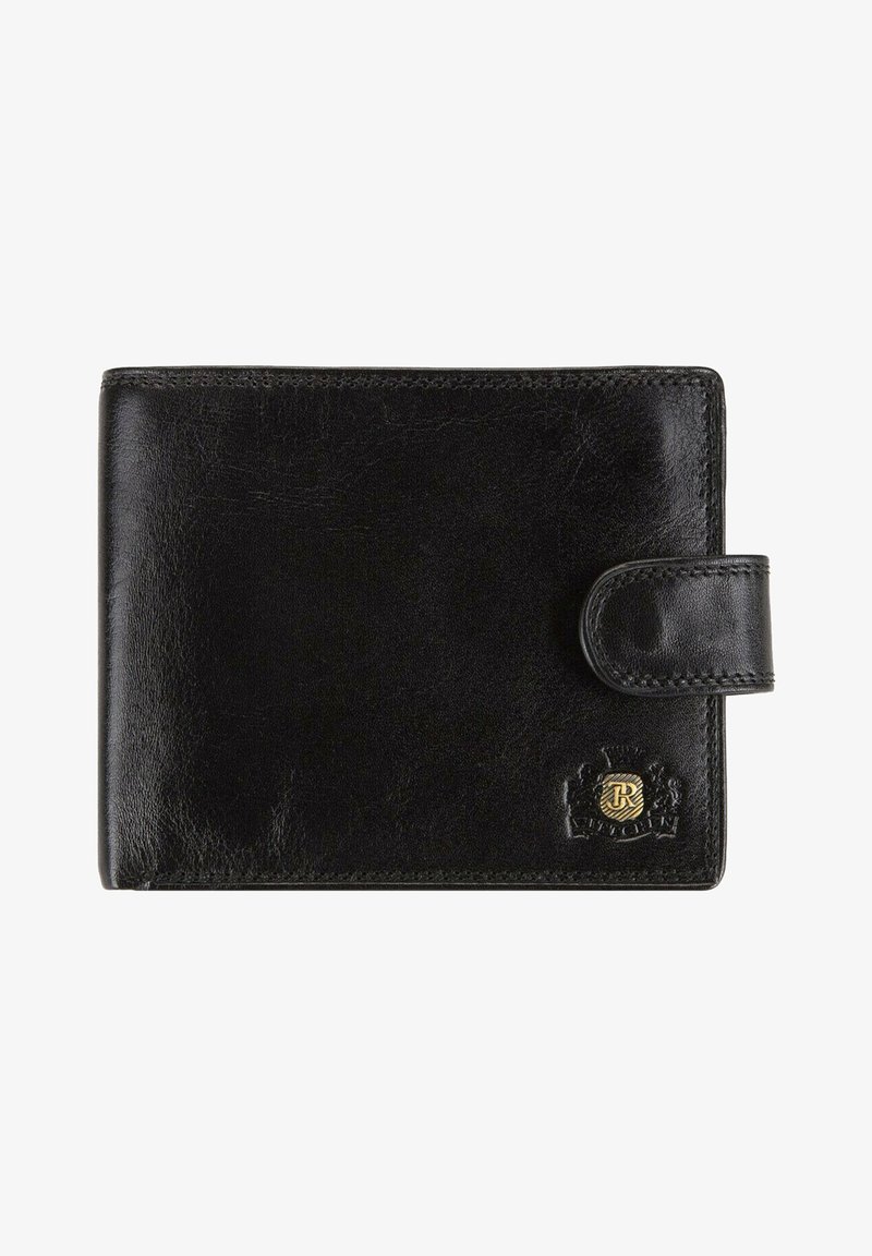 Black leather wallet with a button closure, embossed logo detail, smooth texture, and contrasting stitching along the edges.