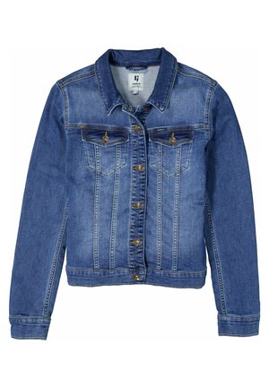 Donkerblauwe spijkerjas met een klassieke kraag, knoopsluiting aan de voorkant, twee borstzakken met kleppen en stikseldetails langs de naden.