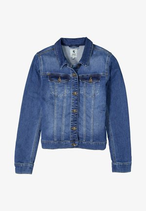 Donkerblauwe spijkerjas met een klassieke kraag, knoopsluiting aan de voorkant, twee borstzakken met kleppen en stikseldetails langs de naden.