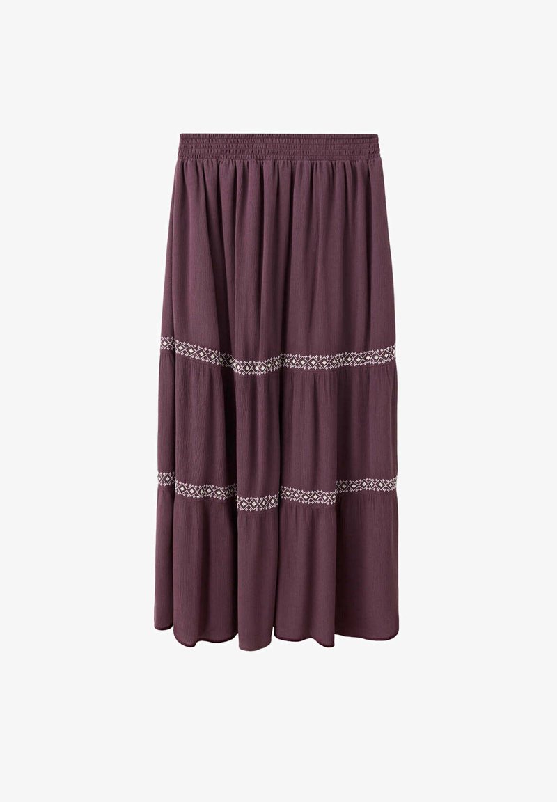 Longue jupe mauve avec taille élastique et deux bandes blanches brodées horizontales autour de la moitié inférieure.
