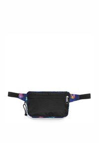 Marsupio nero con un motivo floreale in blu e viola. Presenta una tasca frontale con zip, una cintura regolabile e una texture in tessuto.