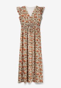 Bloemige maxi-jurk met een V-hals, gerimpelde mouwen, elastische taille en een crèmekleurige achtergrond met rode en groene botanische patronen.