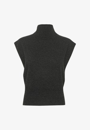 Donkergrijze mouwloze coltrui van gebreid materiaal met een ontspannen pasvorm, voorzien van een hoge kraag en een zachte, gestructureerde stof.