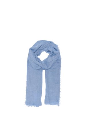Light blue lightweight scarf with frayed edges, loosely folded with a central loop, on a white background.