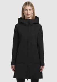 Black insulated parka with a front zipper, large hood, long sleeves, and a slightly flared hem. Smooth texture and minimal branding.