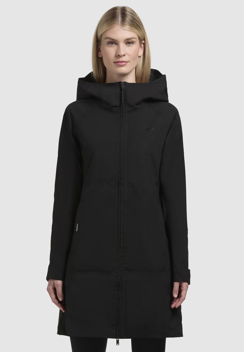 Black insulated parka with a front zipper, large hood, long sleeves, and a slightly flared hem. Smooth texture and minimal branding.