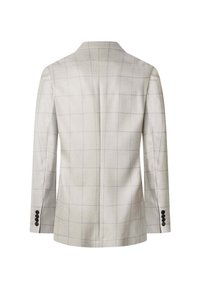 Jasnoszary męski żakiet z delikatnym wzorem okienkowym, z długimi rękawami i czterema czarnymi guzikami przy każdym mankiecie, pokazany od tyłu.