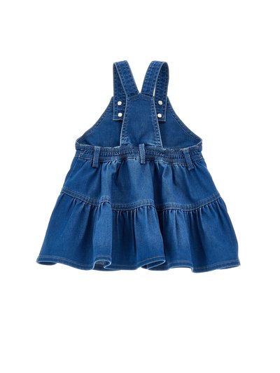 Μπλε τζιν φόρεμα για μικρά παιδιά με ρυθμιζόμενους ιμάντες στους ώμους, ζωνάκι στη μέση, θηλιές για ζώνη και φουσκωτή φούστα με βολάν.