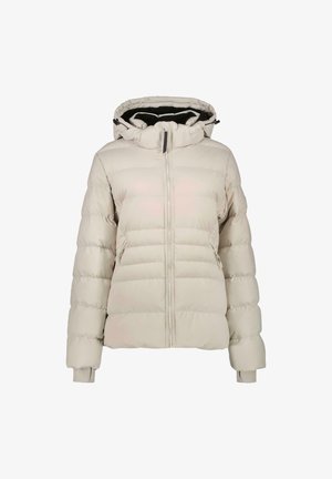 Pufferjack in lichtbeige, met een rits aan de voorkant, een capuchon en ribgebreide manchetten. Soepele textuur met horizontaal gequiltte secties en zijzakken.