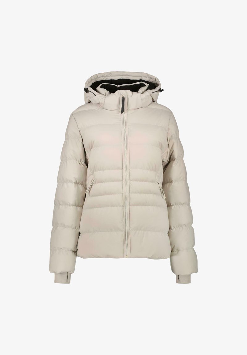 Pufferjack in lichtbeige, met een rits aan de voorkant, een capuchon en ribgebreide manchetten. Soepele textuur met horizontaal gequiltte secties en zijzakken.