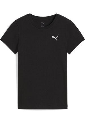 Čierne tričko Puma s krátkym rukávom, okrúhlym výstrihom a bielym logom Puma na ľavej strane hrudníka.