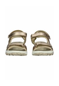 Goldene metallische Sandalen mit zwei verstellbaren Riemen, weißen Sohlen und strukturiertem Fußbett. Offenes Zehendesign mit gepolstertem Absatz für zusätzlichen Komfort.