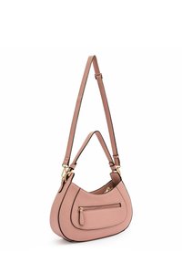 Borsa a spalla in ecopelle rosa con design curvo, dettagli neri a contrasto, tracolla regolabile e tasca frontale con zip. Accenti in hardware dorato.