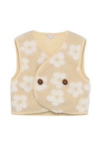 Beige ärmellose Weste mit weißem Blumenmuster, aus weichem strukturiertem Stoff. Verfügt über ein Wickeldesign und zwei braune Knöpfe.