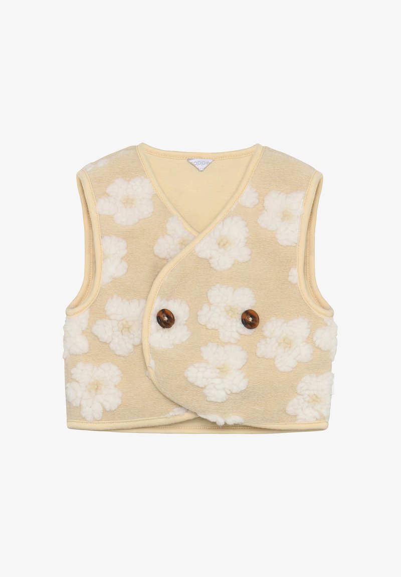 Beige ärmellose Weste mit weißem Blumenmuster, aus weichem strukturiertem Stoff. Verfügt über ein Wickeldesign und zwei braune Knöpfe.