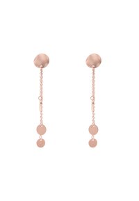 Orecchini a goccia in oro rosa con un perno circolare texturizzato e due dischi circolari lisci appesi a delicate catene.