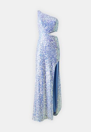One-shoulder sequin dress in light blue with high slit, featuring a fitted bodice and cut-out detail, showcasing a sparkly texture.