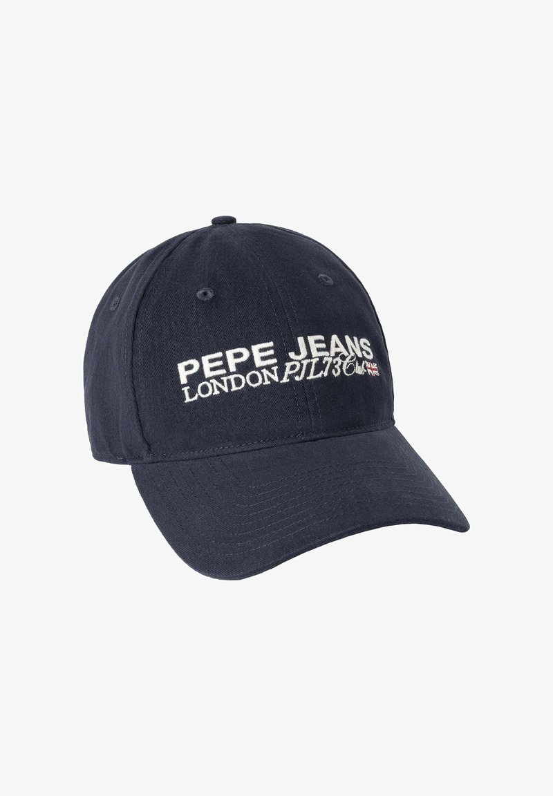 Jūras zils beisbola cepure, kas izgatavota no kokvilnas, ar izšūtu logotipu "PEPE JEANS LONDON" baltā krāsā, ar izliekto malumu un ventilācijas atverēm.
