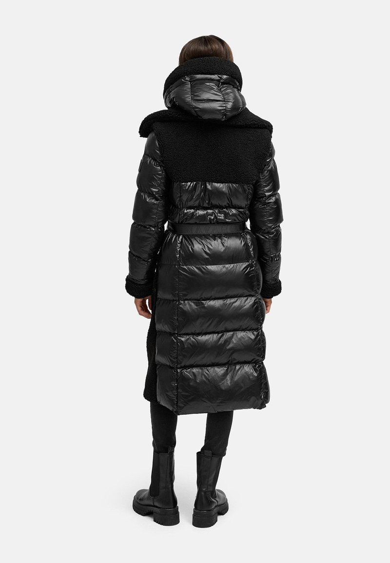 Navahoo Dames lange winterjas met warme pluche en trendy materiaalmix en afneembare capuchon met inzetstuk Kuscheltraum 14 XS-XXL, zwart, XL