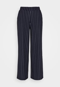 Marinblå vida byxor gjorda av lättviktsmaterial med vertikala vita ränder. Har en elastisk midja och inga synliga knäppningar.