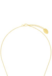 Bracciale in oro con una superficie delicata e texture, dotato di chiusura a moschettone e catena regolabile con un'etichetta ovale.