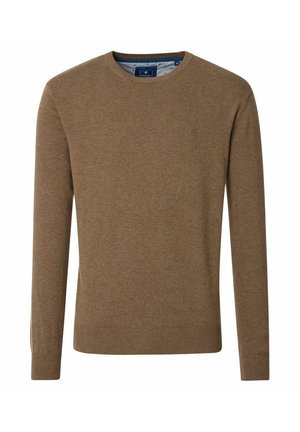 Braun gestrickter Pullover mit Rundhalsausschnitt, langen Ärmeln und geripptem Saum. Glatte Textur und einfaches Design, mit einem kontrastierenden inneren Kragen.