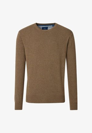 Braun gestrickter Pullover mit Rundhalsausschnitt, langen Ärmeln und geripptem Saum. Glatte Textur und einfaches Design, mit einem kontrastierenden inneren Kragen.