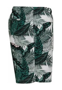 Shorts à imprimé floral avec un fond blanc et des feuilles de palmier vertes. Tissu léger et taille élastique avec un détail de poche sur le côté.