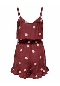 Combinaison courte bordeaux sans manches avec pois blancs, bretelles ajustables, taille élastique et ourlet à volants sur le short.