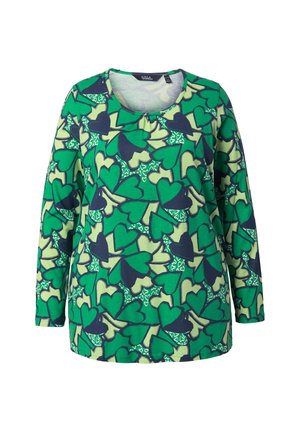 Vihreä pitkähihainen paita, jossa sydänkuvio eri sävyissä, pyöreä pääntie ja siniset korostukset. Pehmeä kangaspinta.