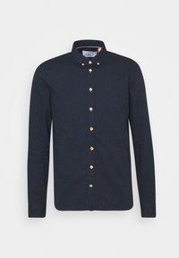 Dark blue long-sleeve shirt made of fabric with a smooth texture, featuring a button-down collar and light-colored buttons along the front.