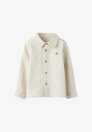 Chemise à rayures crème et marron, avec un col, des manches longues, une poche poitrine et des boutons en bois. Tissu doux et texturé.