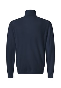 Marineblauer Rollkragenpullover aus weichem Strickstoff. Besitzt lange Ärmel, einen taillierten Kragen sowie gerippte Bündchen und Saum für eine maßgeschneiderte Passform.