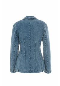 Jasnoniebieska kurtka dżinsowa o dopasowanym kroju, z kołnierzykiem, długimi rękawami i poziomymi szwami z tyłu dla lepszej struktury.