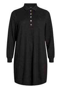 Schwarzes Langarm-Polohemd-Kleid mit kragenförmigem Halsausschnitt, fünf Knöpfen und lockerer Passform. Weicher Stoff mit gerippten Bündchen.