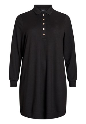 Black long-sleeve polo shirt dress, featuring a collared neckline, five-button placket, and a relaxed fit. Soft texture with ribbed cuffs.