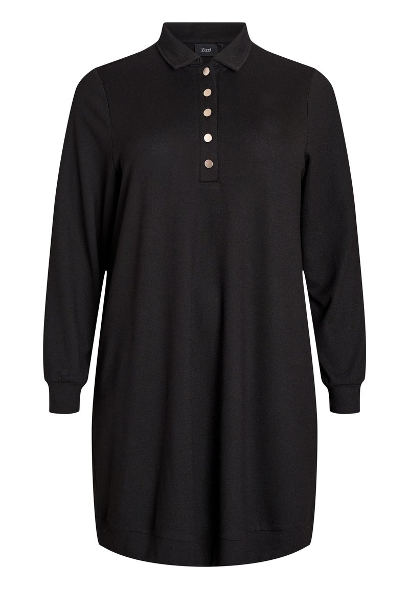 Schwarzes Langarm-Polohemd-Kleid mit kragenförmigem Halsausschnitt, fünf Knöpfen und lockerer Passform. Weicher Stoff mit gerippten Bündchen.