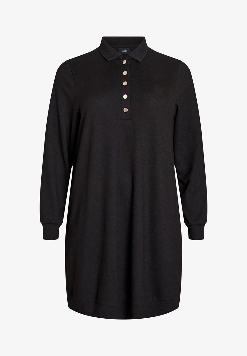 Vestido polo largo de manga larga negro, con cuello tipo polo, tapeta de cinco botones y un corte relajado. Textura suave con puños acanalados.