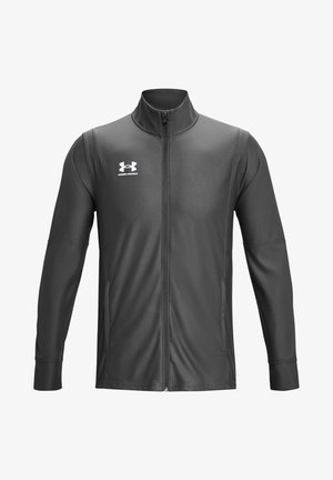 Mørkegrå Under Armour zip-up jakke med lange ærmer, stående krave og hvidt logo på venstre bryst.