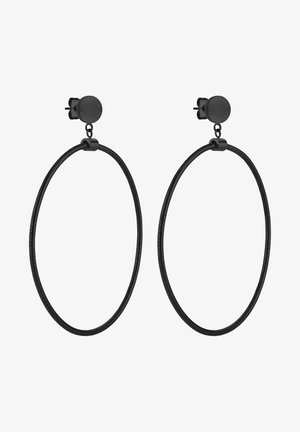 Schwarze Creolen mit strukturiertem Design, ausgestattet mit einem Clip-on-Verschluss und einer glatten, kreisförmigen Form. Leicht und im minimalistischen Stil.