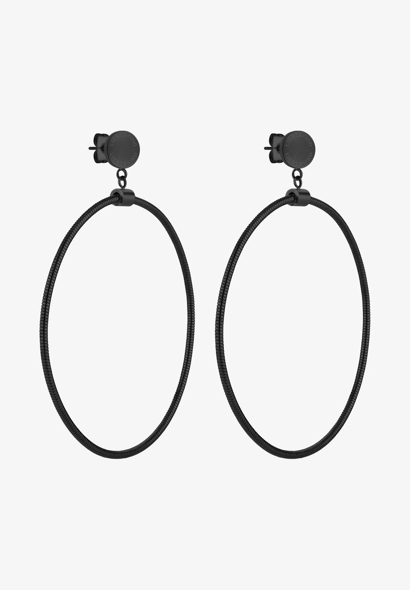 Zwarte oorknoppen met een gestructureerd ontwerp, voorzien van een clip-on sluiting en een gladde cirkelvorm. Lichtgewicht en minimalistische stijl.
