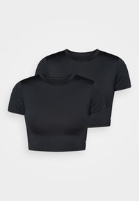 Two black cropped t-shirts, short sleeves, made of smooth material. Features a round neck and subtle logo accents on the side.