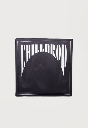 Écharpe carrée noire avec le mot "CHILLDROD" en grandes lettres blanches arquées au-dessus d’un demi-cercle noir uni, encadrée par de fines bordures blanches.