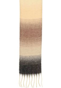 Écharpe ombre dans des teintes crème, marron et gris foncé. Fabriquée en matériau doux avec des extrémités frangées et un motif dégradé passant de clair à foncé.