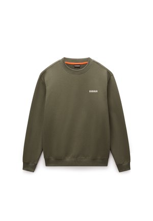 Green cotton sweatshirt with a crew neck, ribbed cuffs, and hem. Features a small logo on the chest and an orange accent on the neck.
