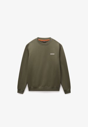 Felpa verde in cotone con collo a giro, polsini e orlo a coste. Presenta un piccolo logo sul petto e un accento arancione sul collo.