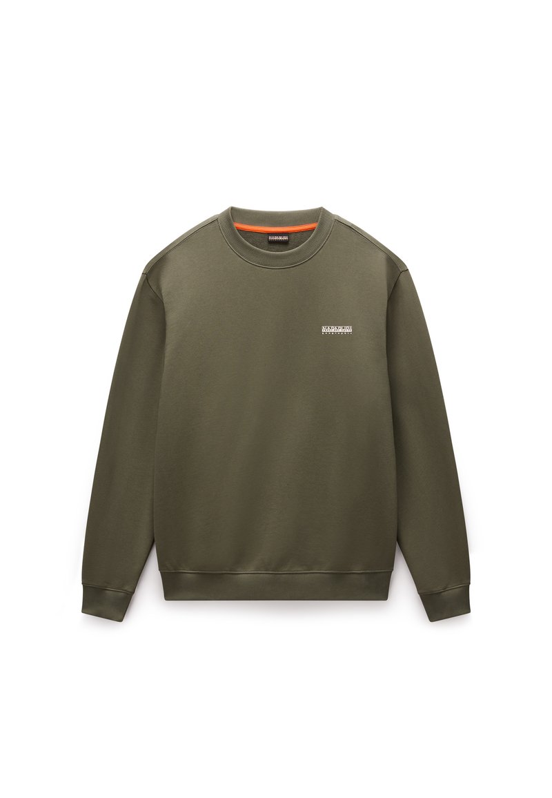 Groene katoenen sweatshirt met een ronde hals, ribgebreide manchetten en zoom. Bevat een klein logo op de borst en een oranje accent op de hals.