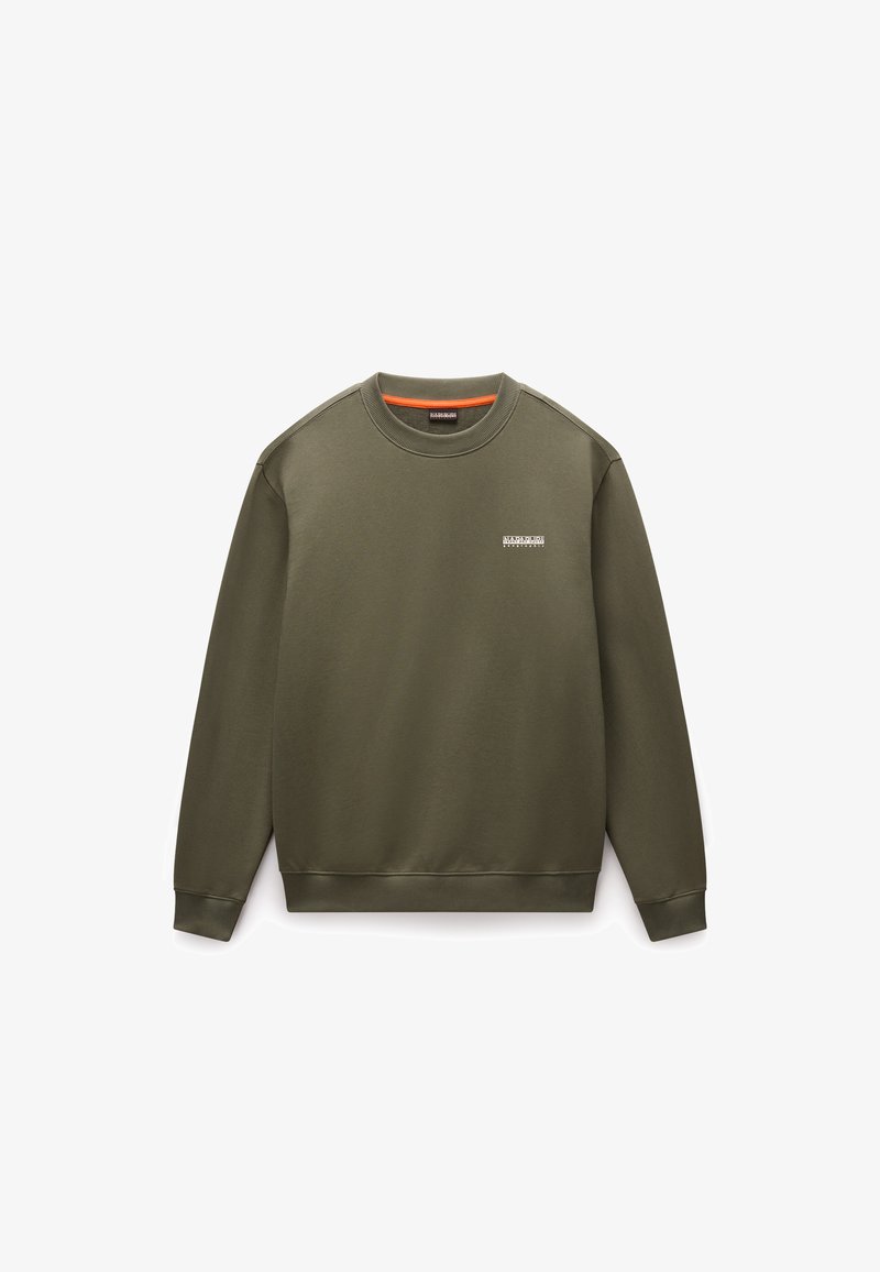 Sweatshirt en coton vert avec col ras du cou, poignets et ourlet côtelés. Présente un petit logo sur la poitrine et un accent orange sur le cou.